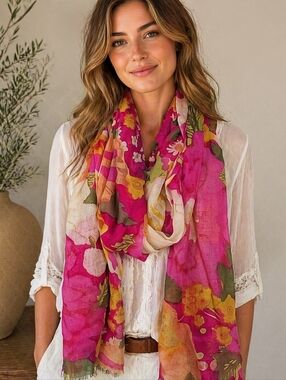 Tolani Wool Silk Floral Scarf – Fuchsia Multi-Color Wrap